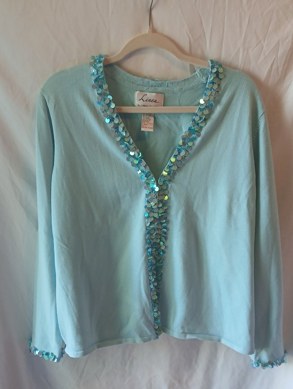 Linea by Louis Dell'Olio Sequins Turqoise Blue V-Neck Sequin-Trim Sweater
